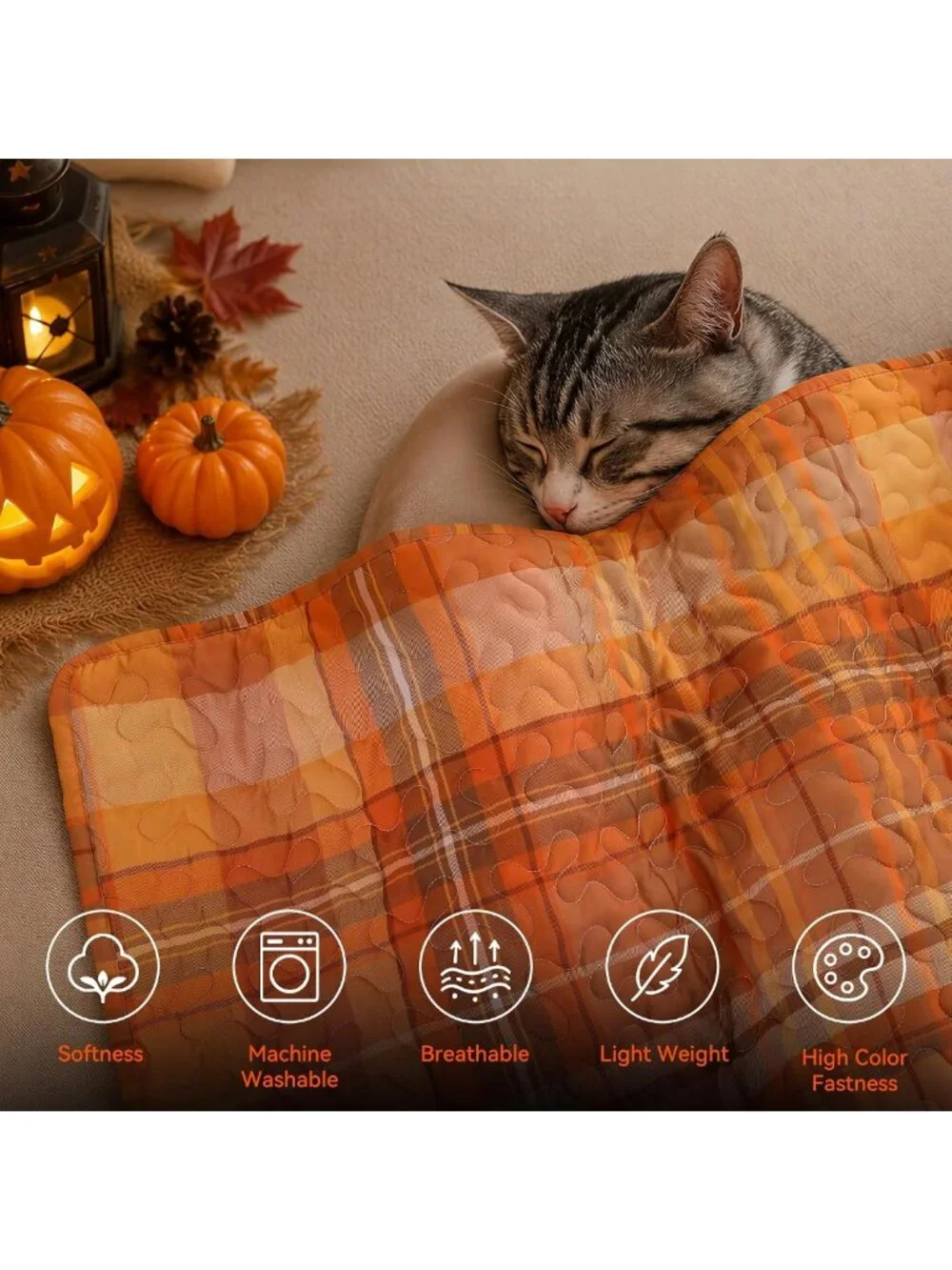 King Size Halloween Quilt Set - Orange Plaid Bedspread & 3-Piece Bedding Set